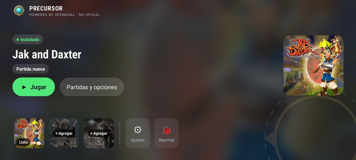 El Estante de Precursor en horizontal: Jak and Daxter instalado, botones Jugar y Partidas y opciones, y la fila con los tres juegos