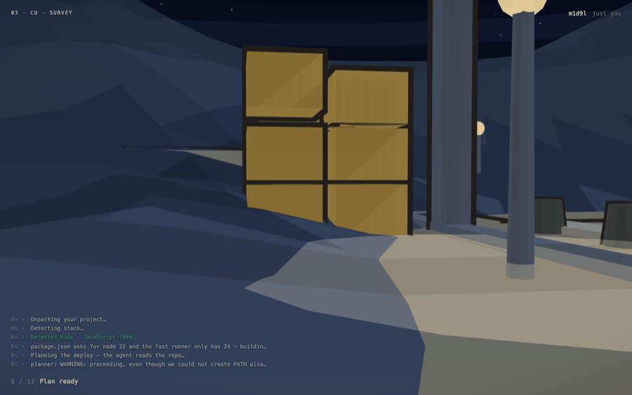 The Room: a harbour scene where a ship is built and launched, the live build log along the bottom and a stage counter
