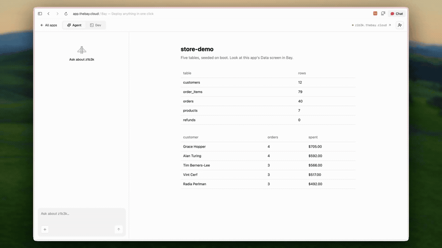 The Data view of a live app: its Postgres tables with row counts, and its storage bucket