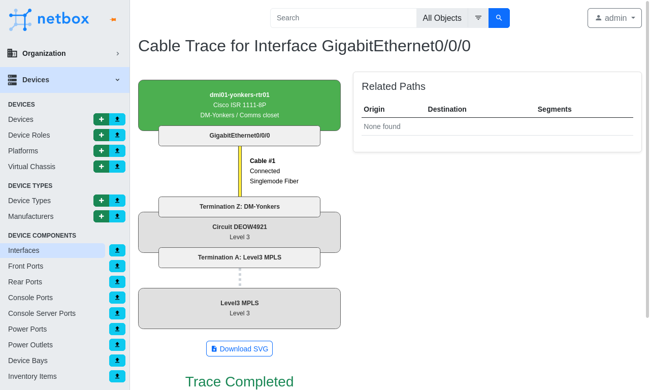 Screenshot of cable trace