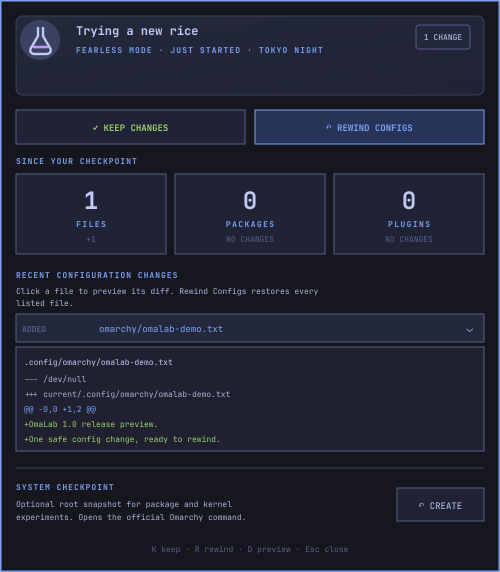 OmaLab showing one changed configuration file and its live diff