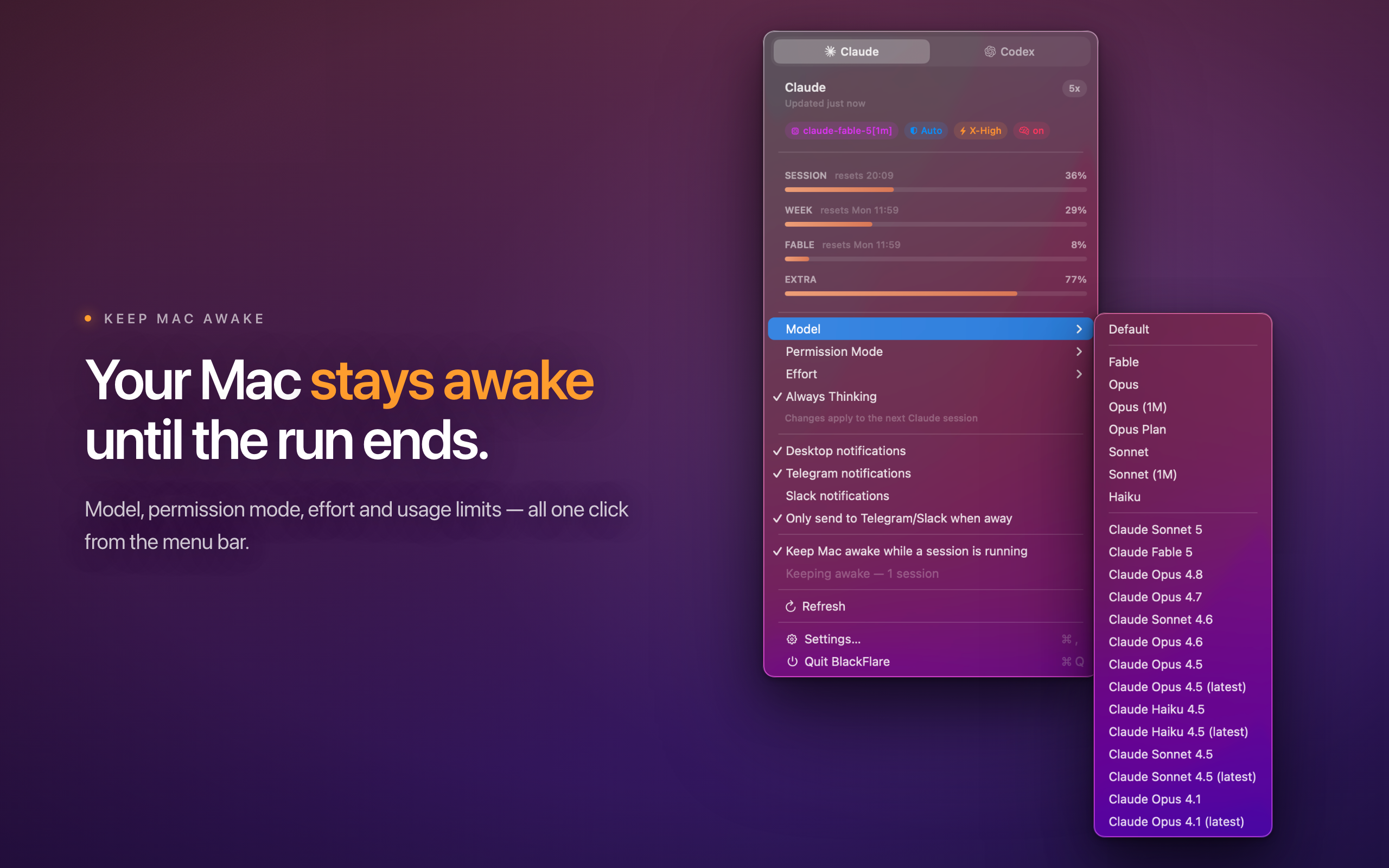 Keep your Mac awake, switch defaults, and watch usage from the menu bar