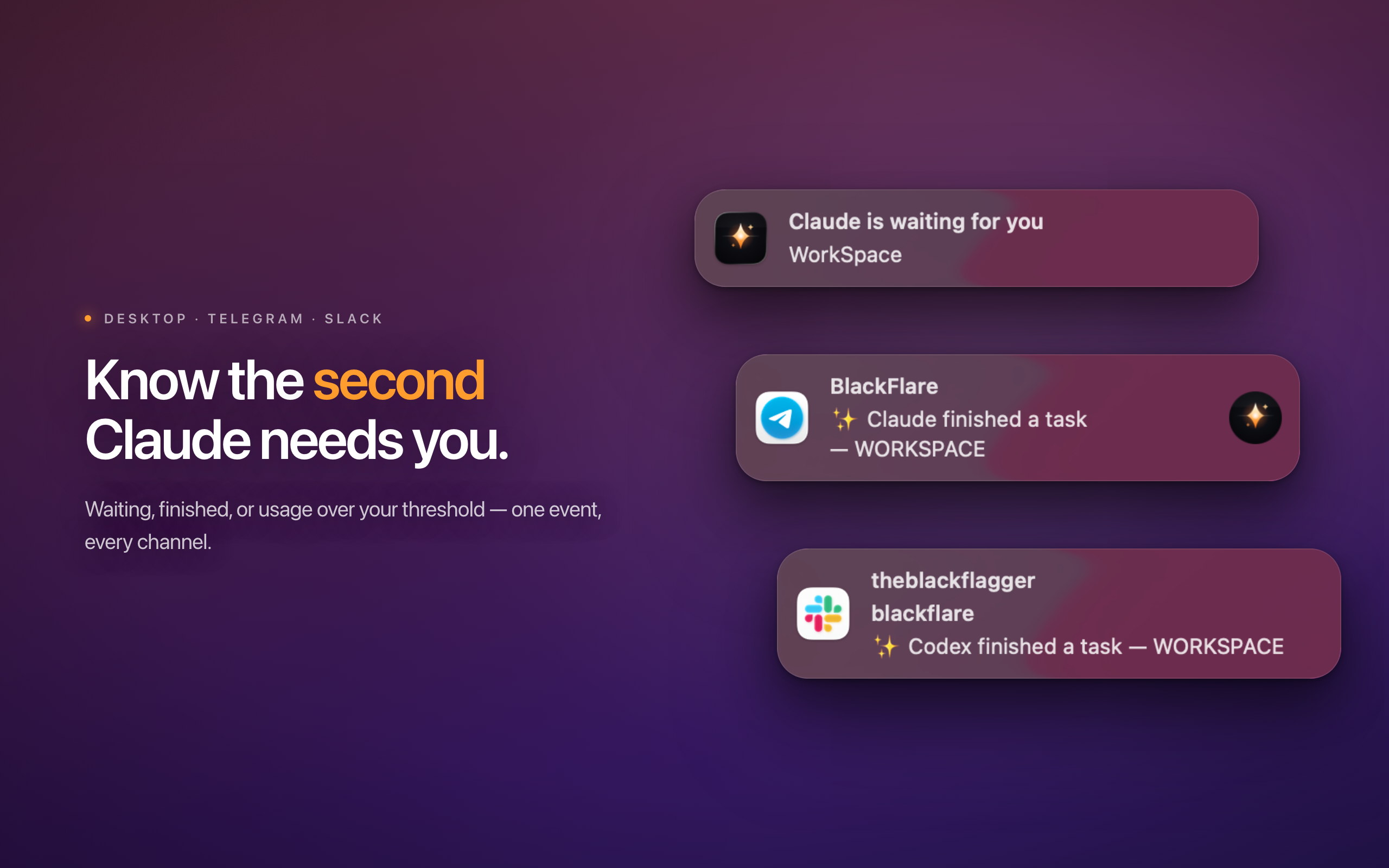 Desktop, Telegram, and Slack banners for one event