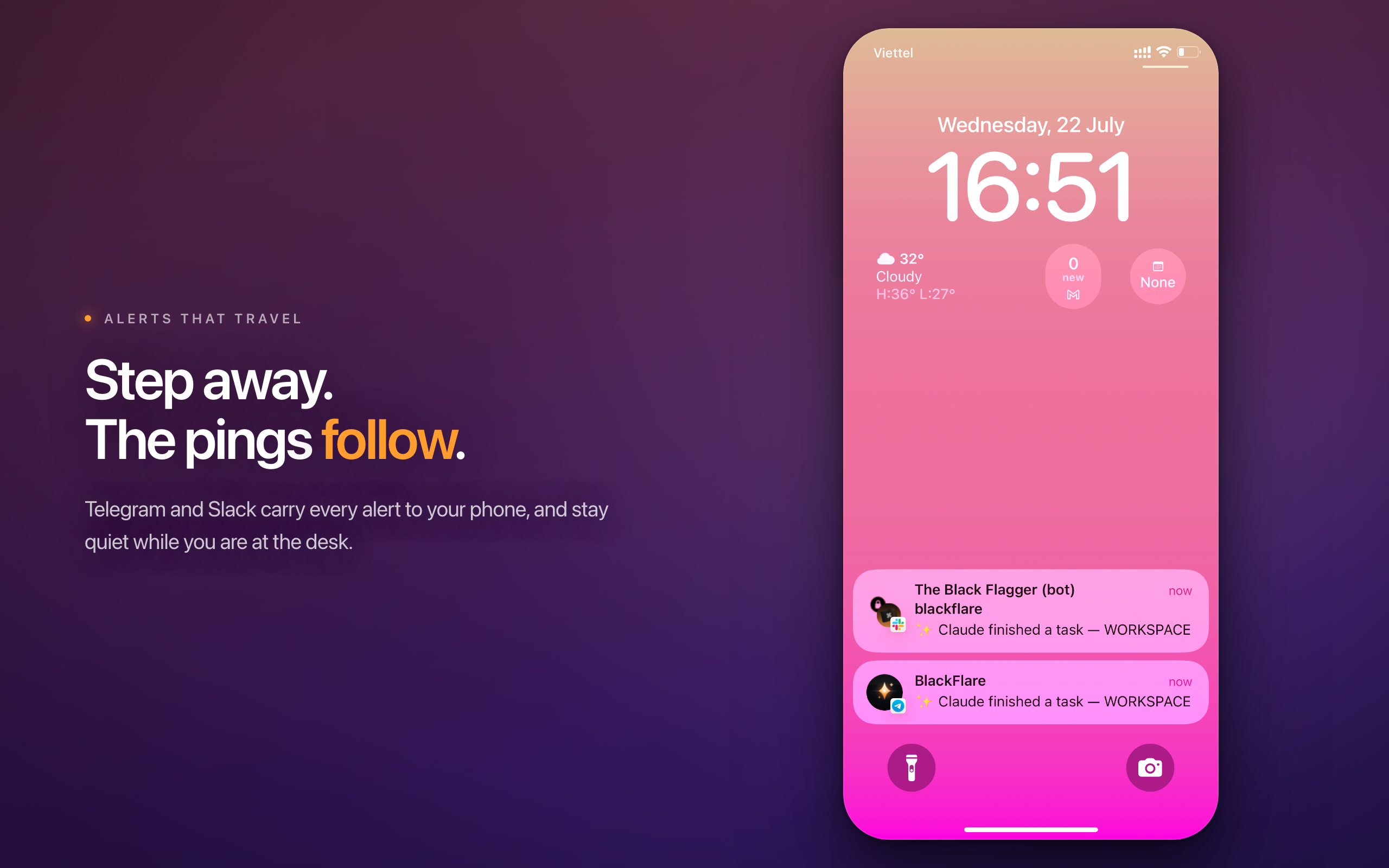 Alerts follow you to Telegram and Slack
