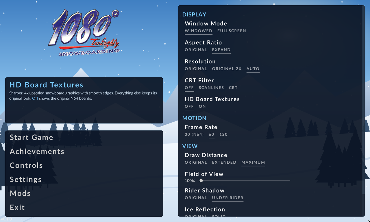 The launcher: options on the right, Start Game on the left