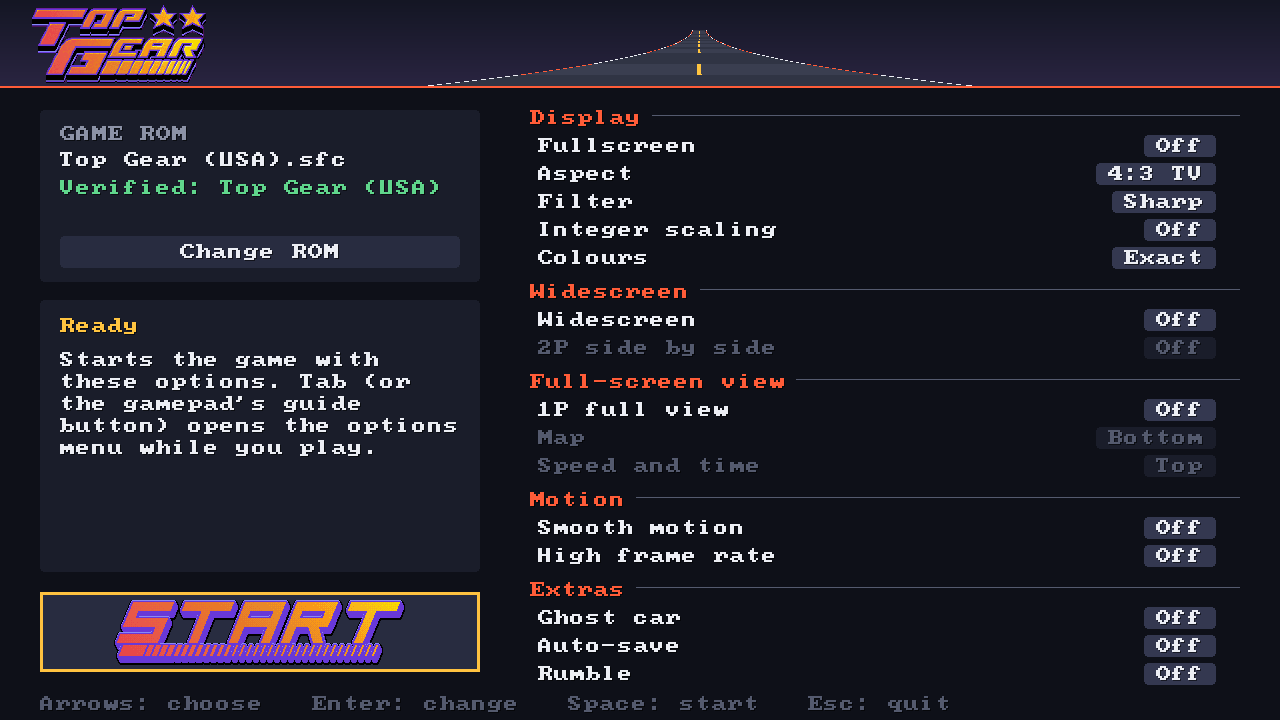 The launcher: pick your ROM and the options, then Start