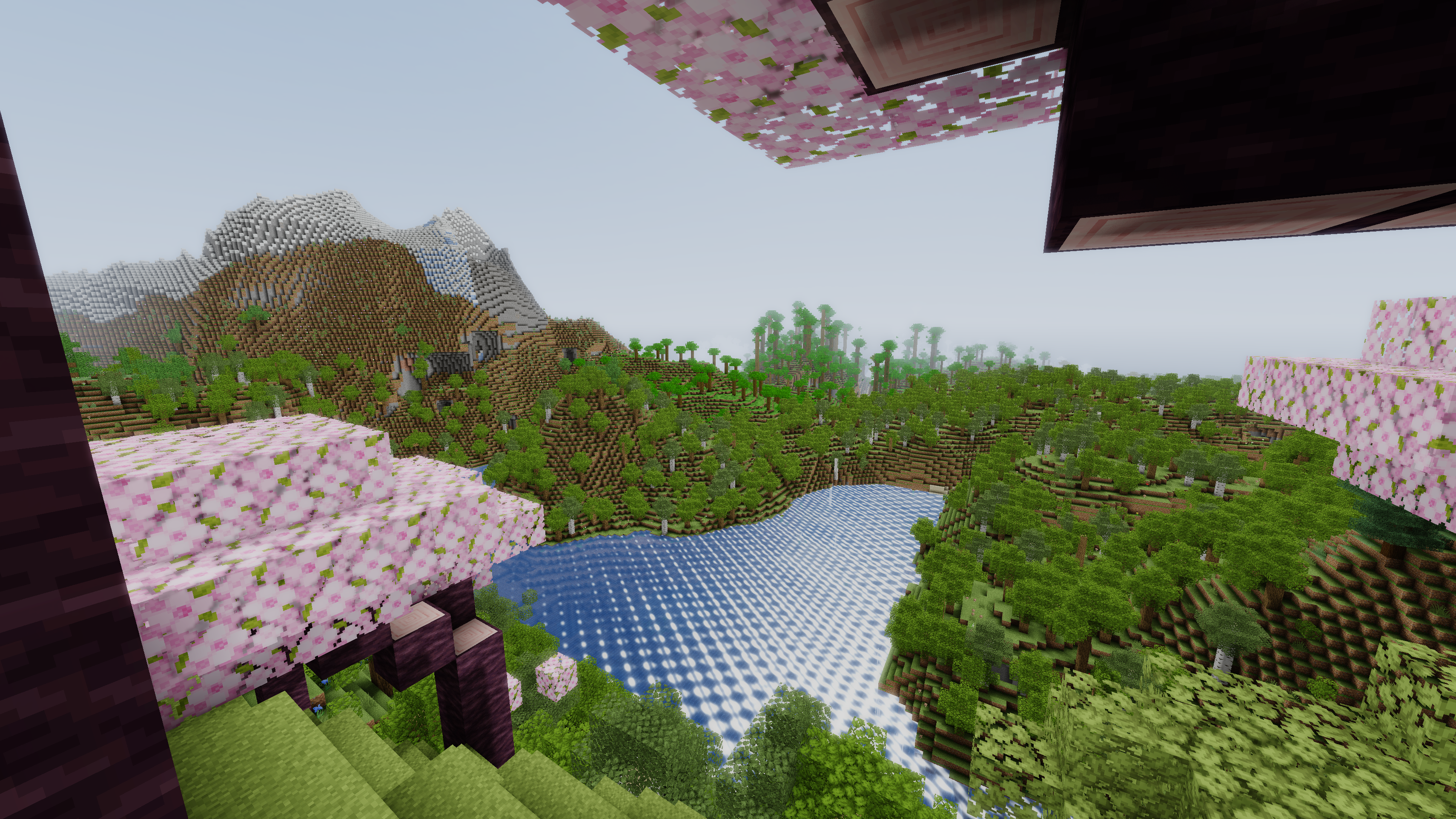 In-game render — dawn over a lake in a cherry grove, mountains behind, ultra graphics