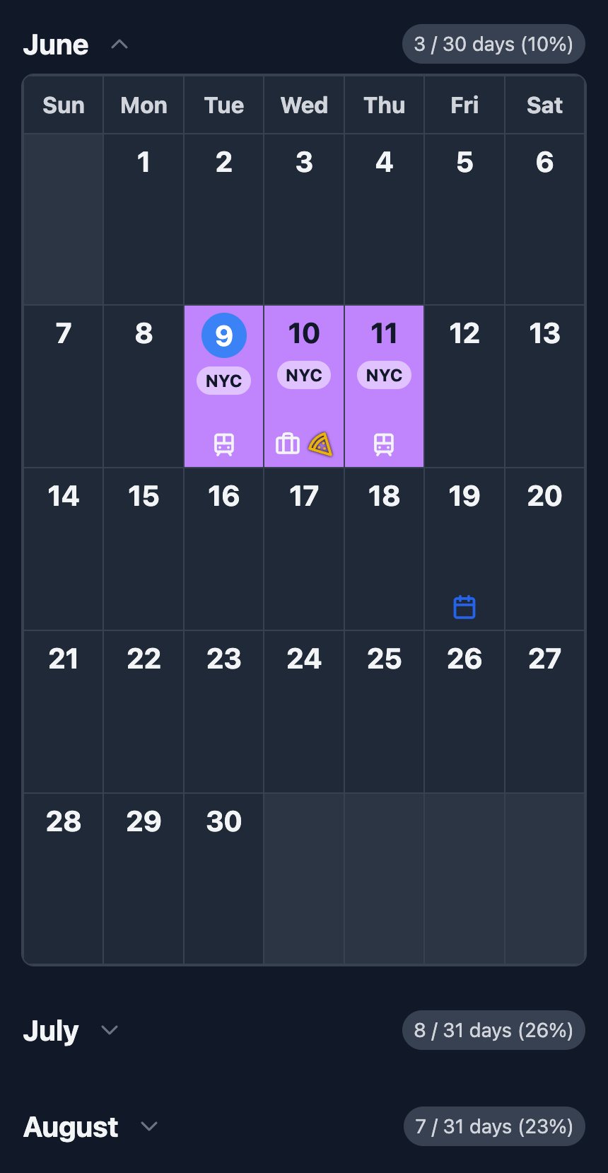 Mobile Year View Screenshot