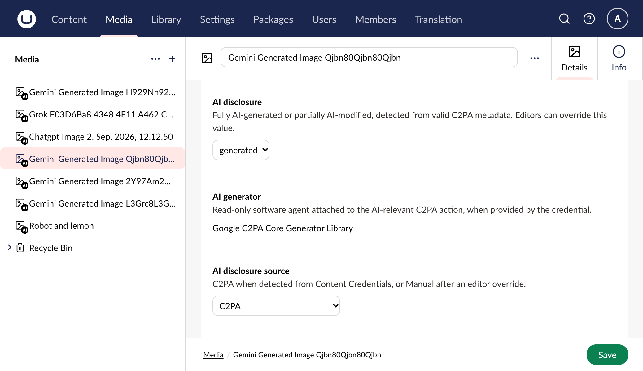 AI disclosure properties on an Umbraco image