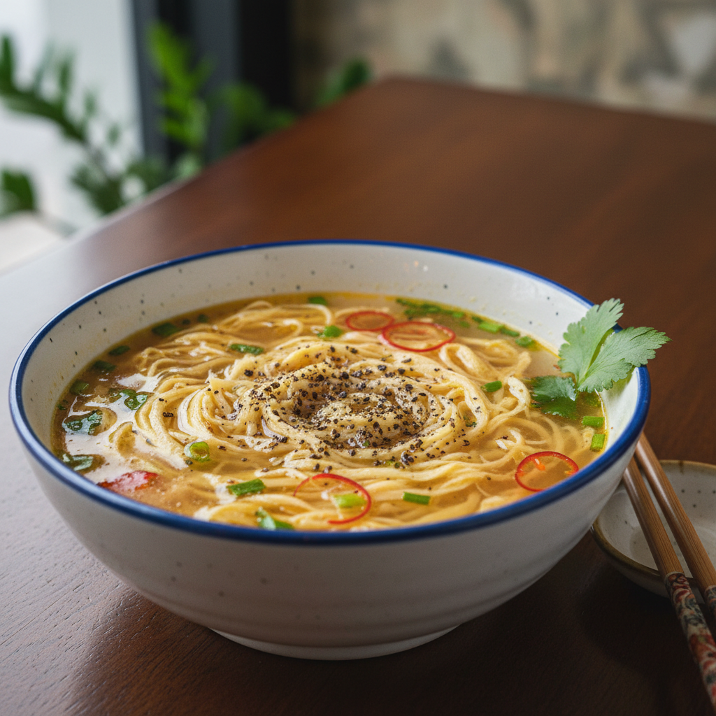 Aquafaba Egg-Ribbon Drop Soup with Cracked Black Pepper