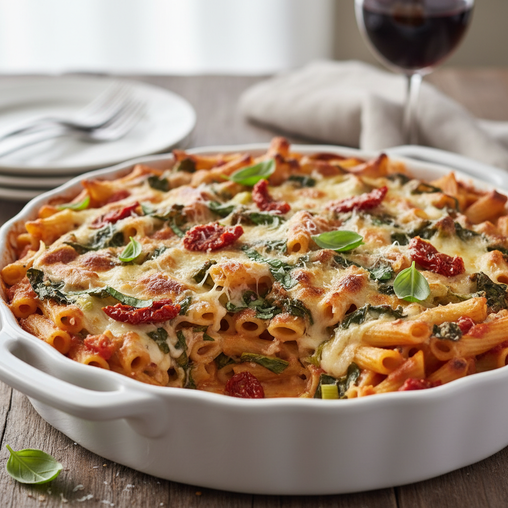 Baked Ziti with Leeks, Swiss Chard, and Sun-Dried Tomatoes