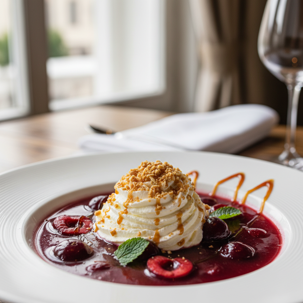 Cherry Soup with Whipped Mascarpone & Caramelised Almonds