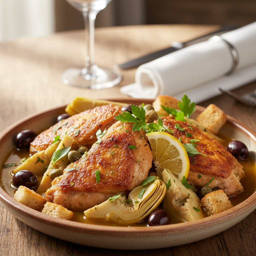 Crispy Chicken Stew with Lemon, Artichokes, Capers, and Olives