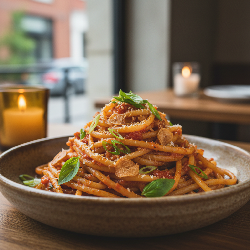 Garlicky Gochujang Tomato Bucatini