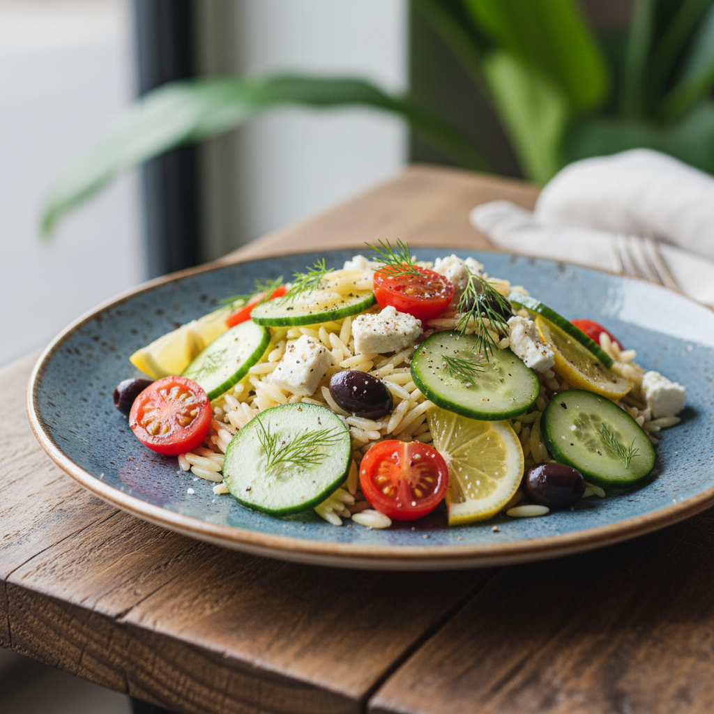Lemon-Dill Orzo Pasta Salad with Cucumbers, Olives & Feta