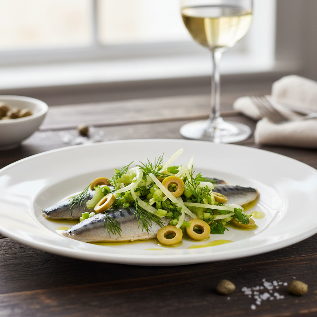 Marinated Mackerel with Green Olive & Celery Dressing