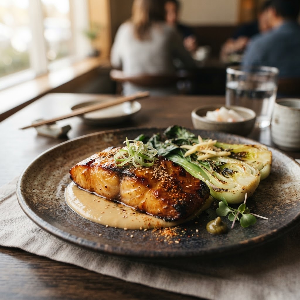 Miso-Glazed Black Cod with Charred Ginger Bok Choy