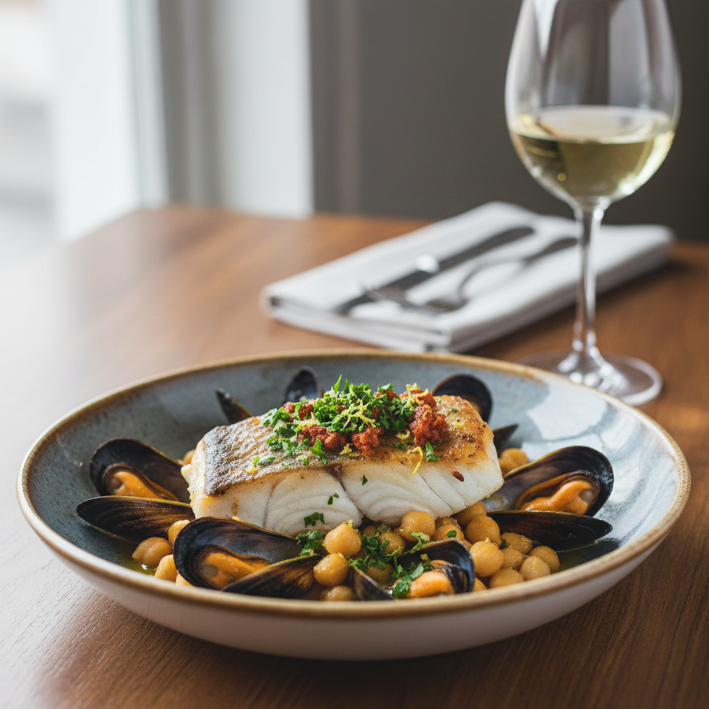 Nduja-Baked Hake with Chickpeas, Mussels & Gremolata