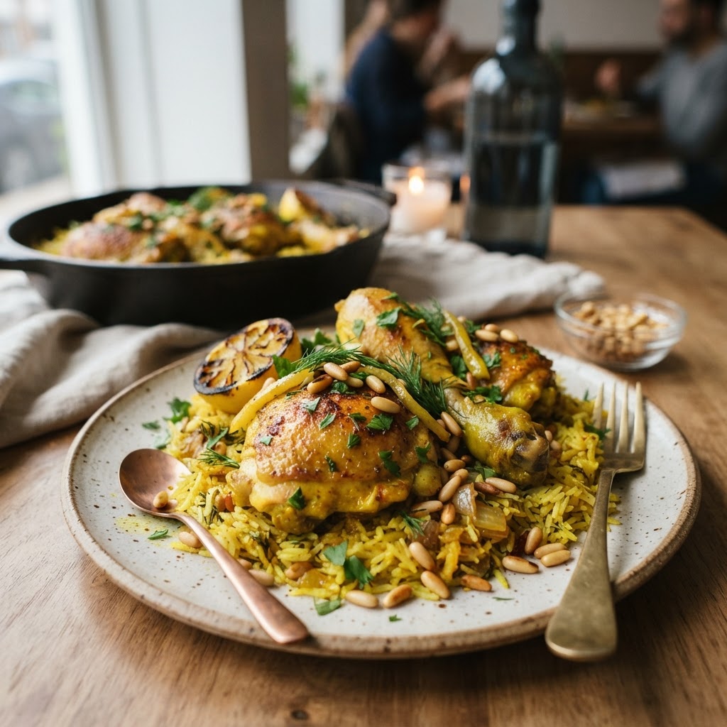 One-Pan Golden Saffron Chicken with Preserved Lemon and Toasted Pine Nuts