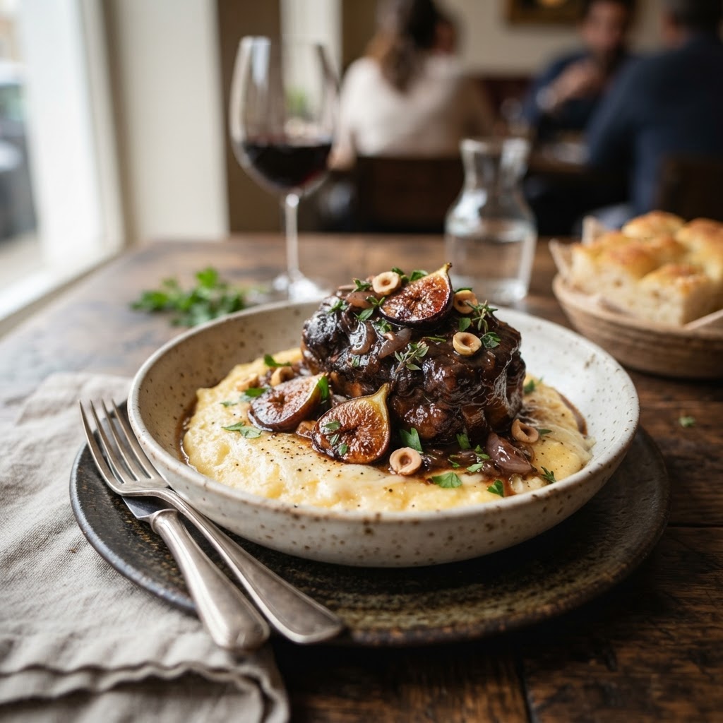 Red Wine & Fig Braised Oxtail with Creamy Pecorino Polenta
