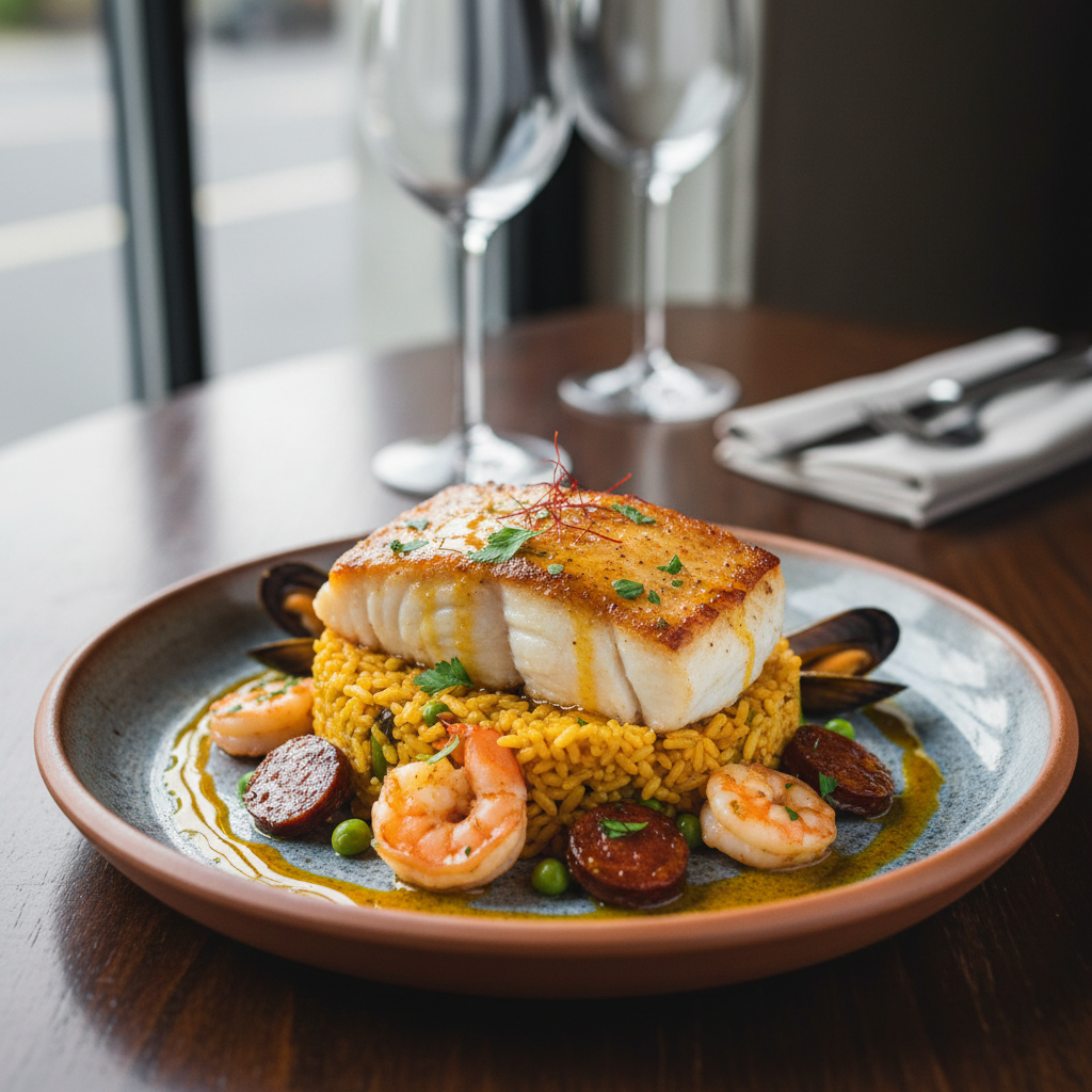 Roast Cod with Paella & Saffron Olive Oil