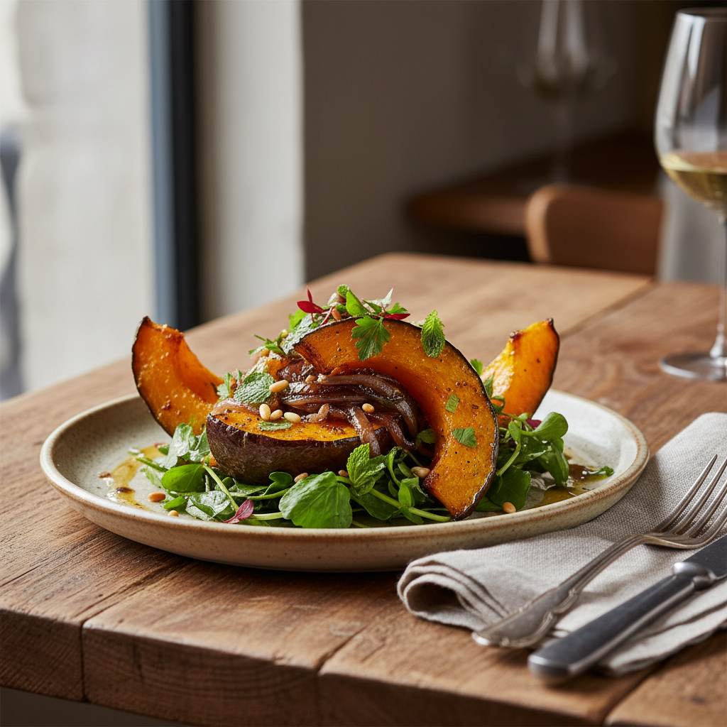 Roasted Pumpkin and Caramelised Onion Salad with Wilted Watercress