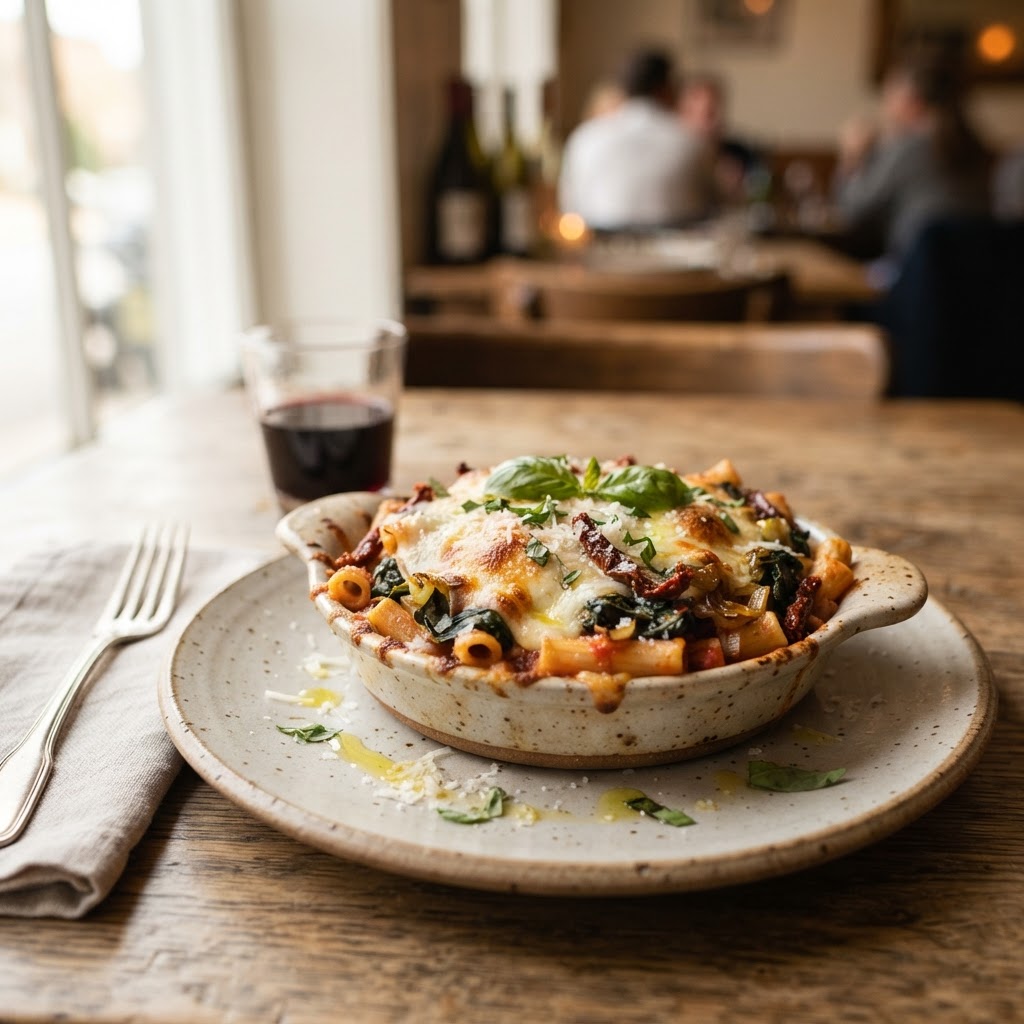 Rustic Baked Ziti with Caramelized Leeks, Swiss Chard, and Sun-Dried Tomatoes