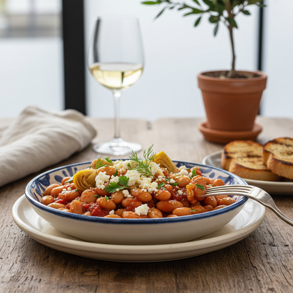 Saucy Beans and Artichoke Hearts with Feta