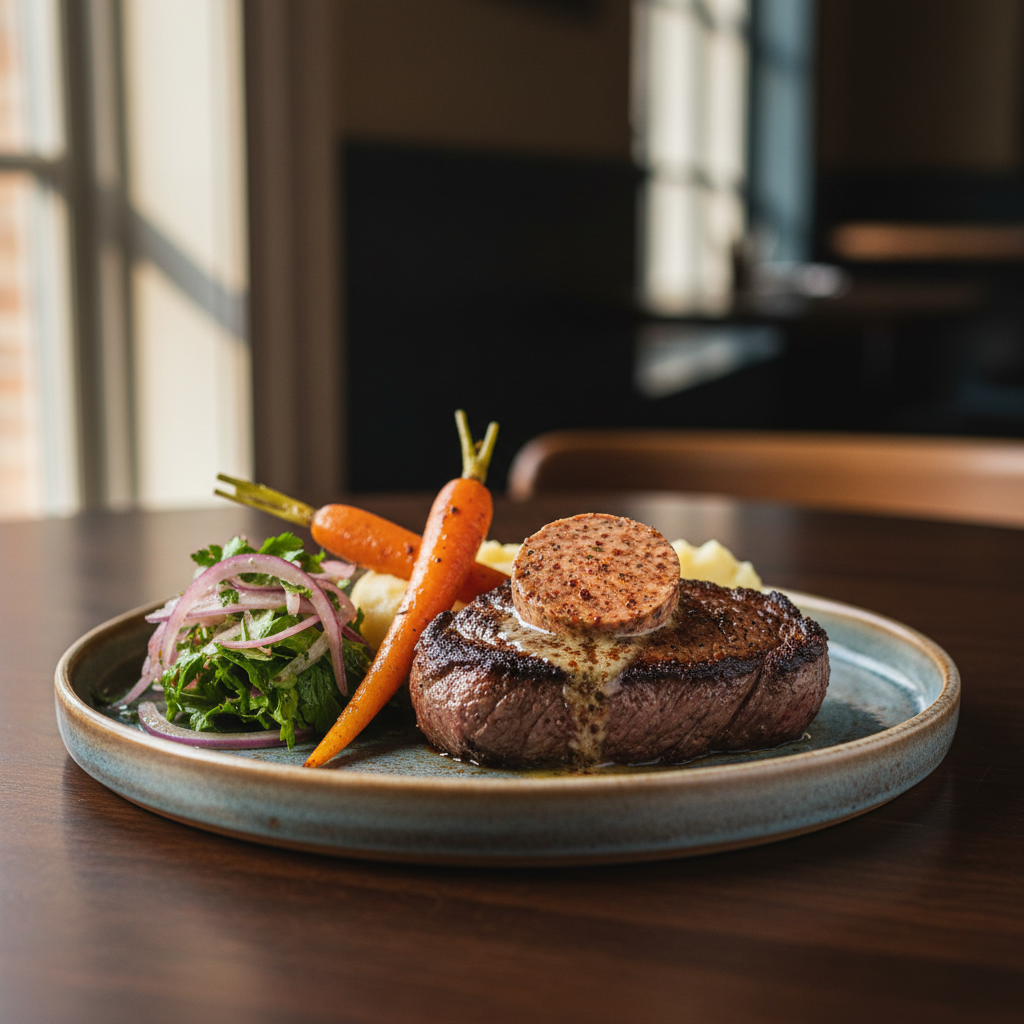 Sirloin with Spiced Butter, Shallot Salad, Roasted Carrots & Mash