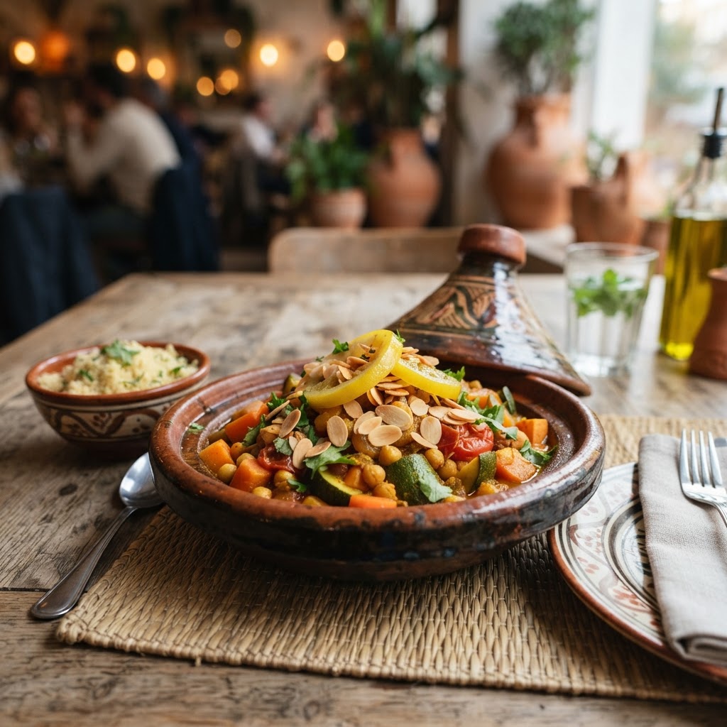 Sun-Kissed Moroccan Vegetable Tagine with Preserved Lemon and Toasted Almonds