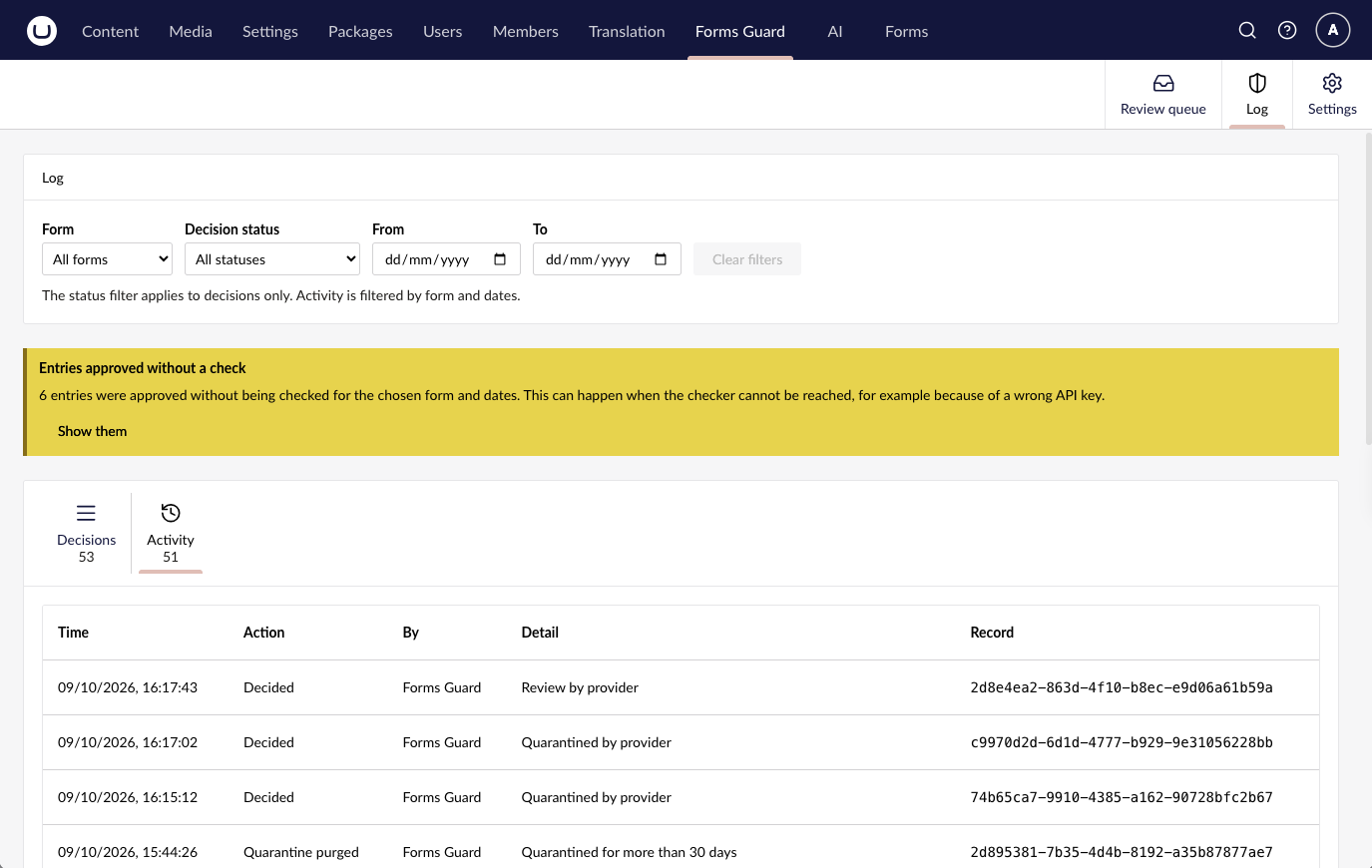 Log, Activity tab