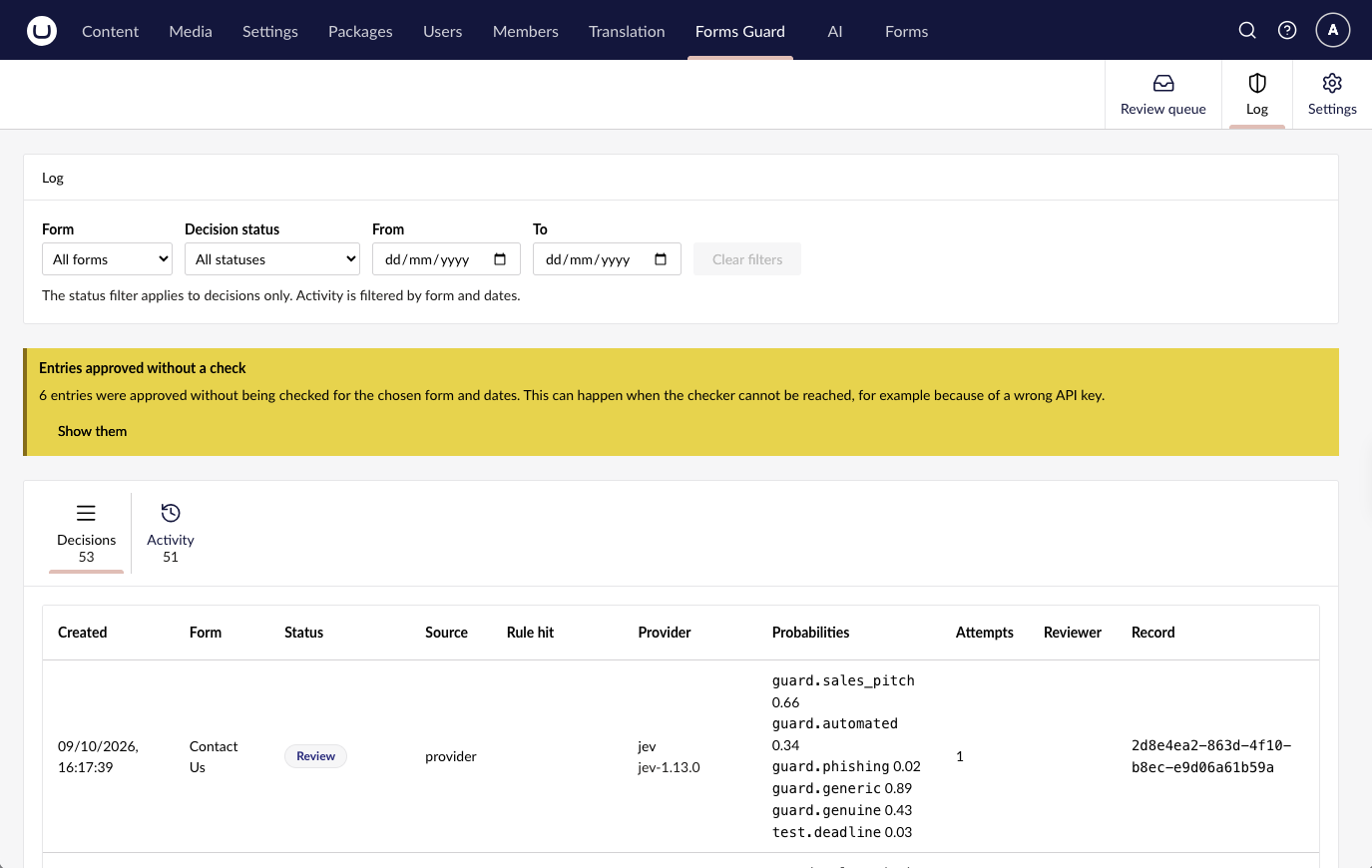 Log, Decisions tab