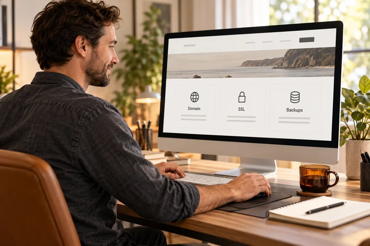 An illustrative web specialist reviewing domain, SSL and backup settings at a desktop computer