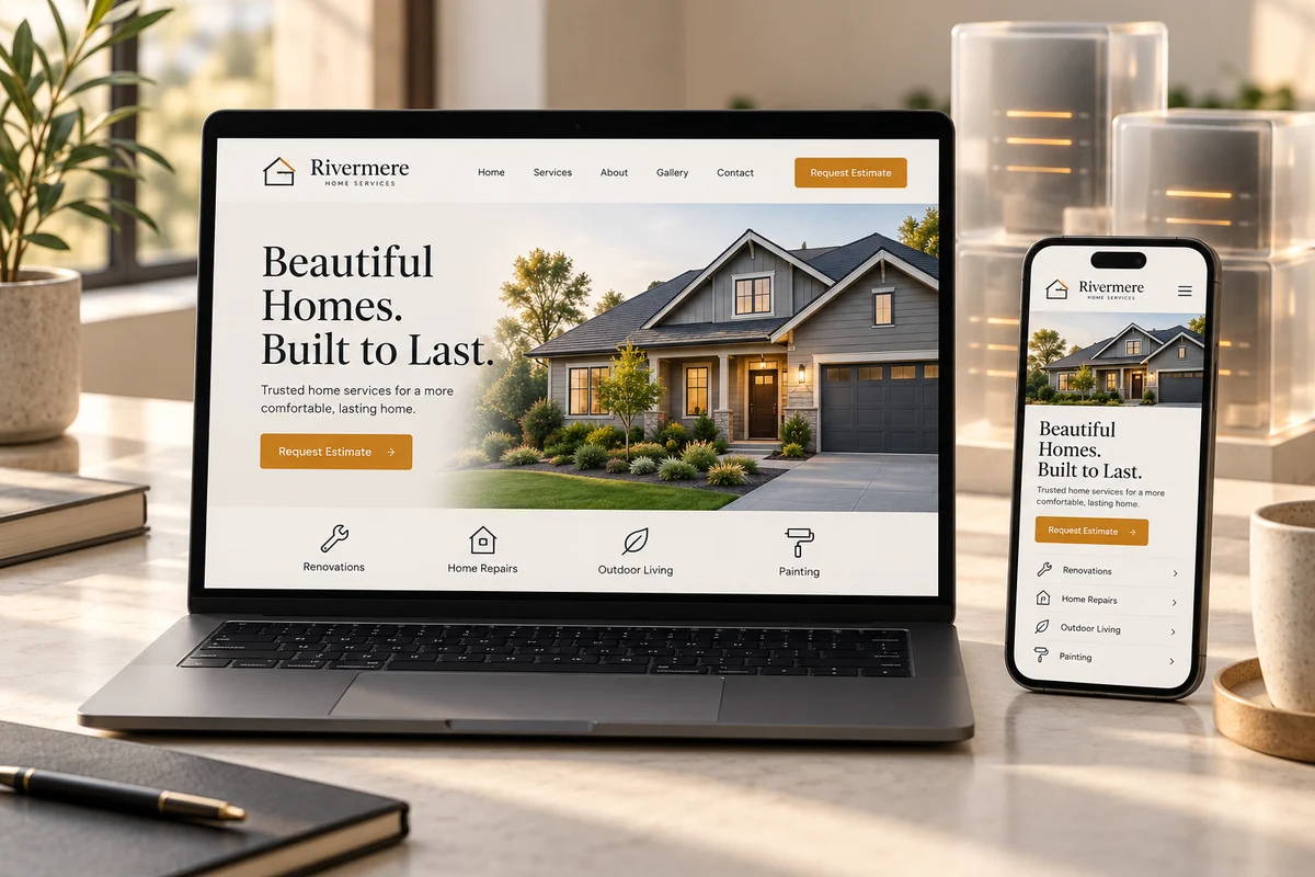 An illustrative home-service website displayed on a laptop and a mobile phone