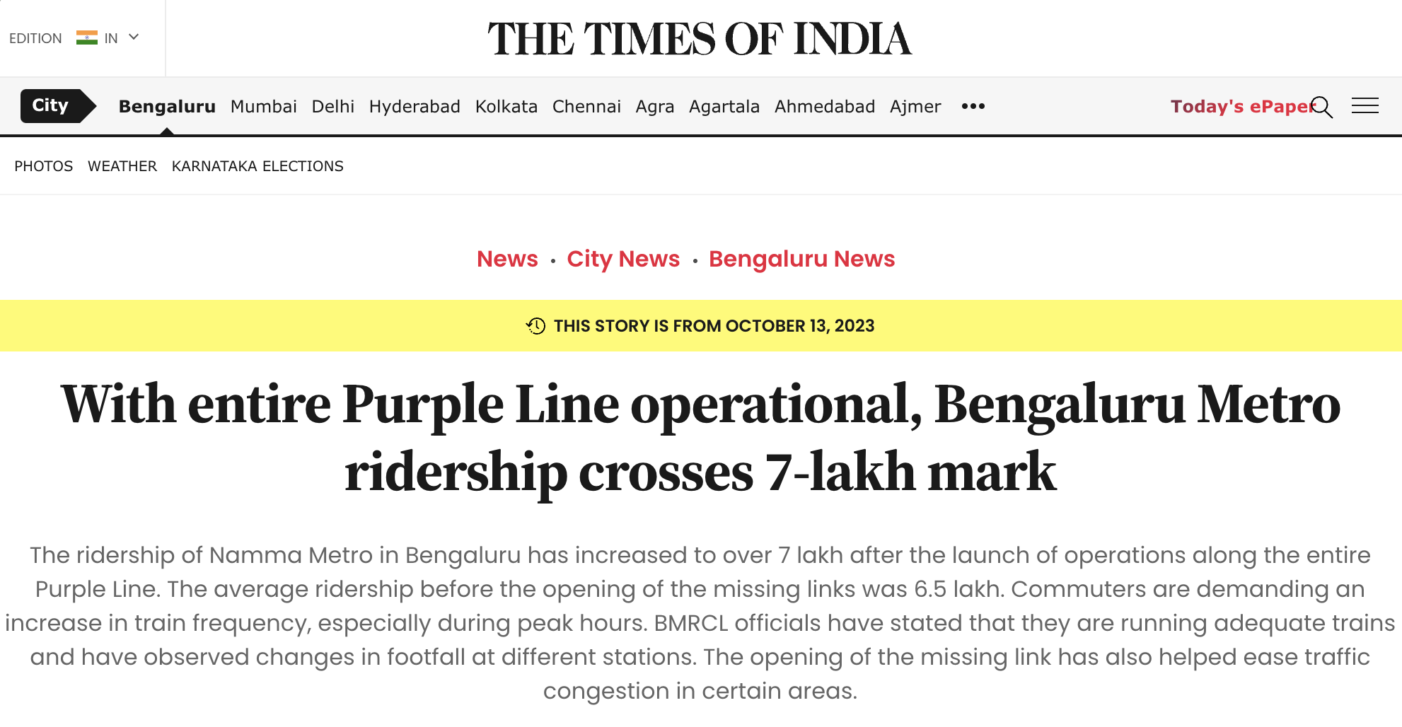 NammaMetro crossed a daily ridership of 700,000 in October 2023
