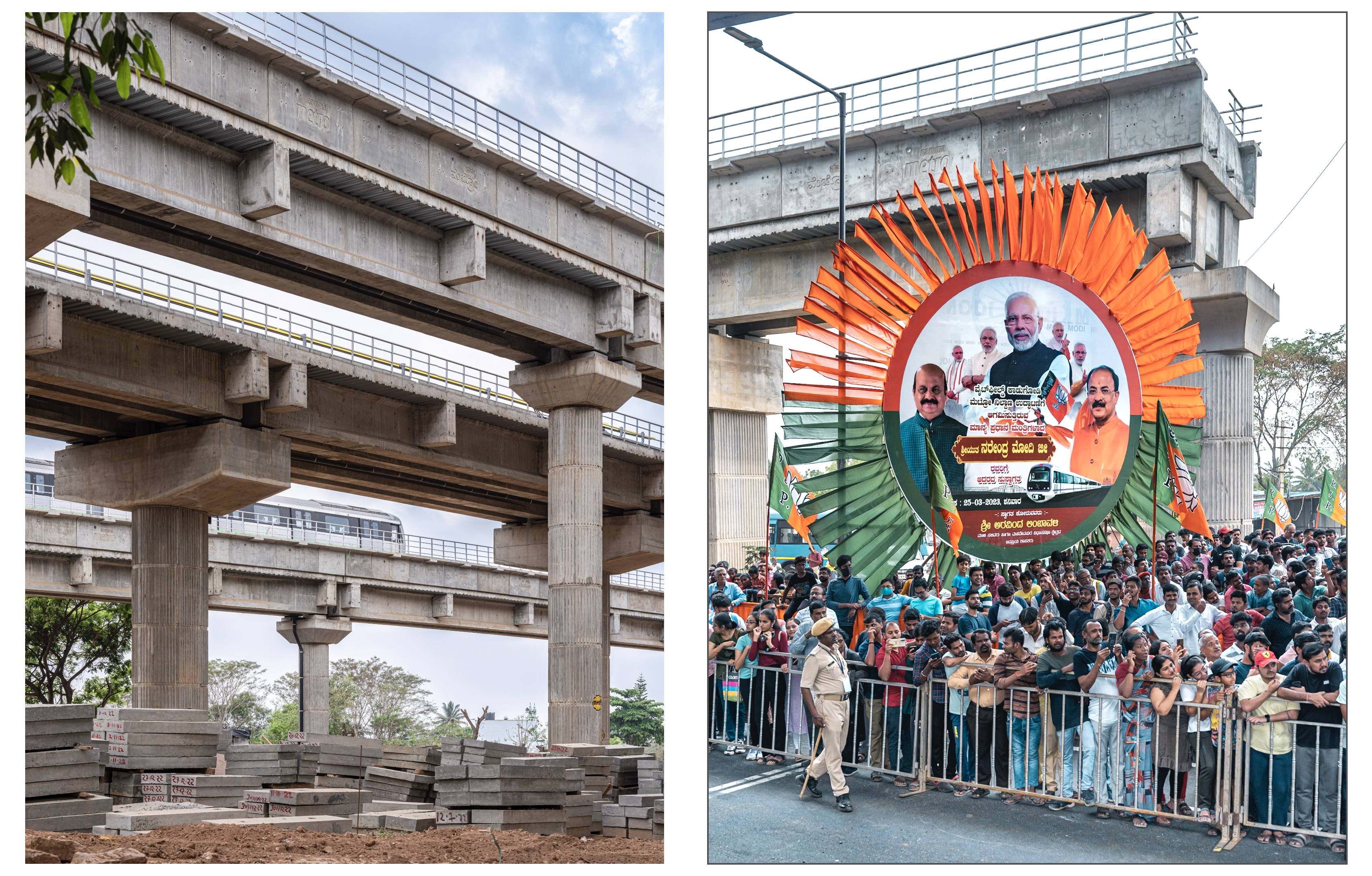 The public gather to catch a glimpse of the Prime Minister who was in the city to inaugurate the under-construction Whitefield segment of the Purple Line and the National Common Mobility Card (NCMC). Whitefield (Kadugodi) Metro Terminus (Purple Line)