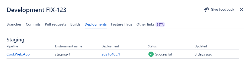 Jira Deployments tab showing Azure Devops deployment