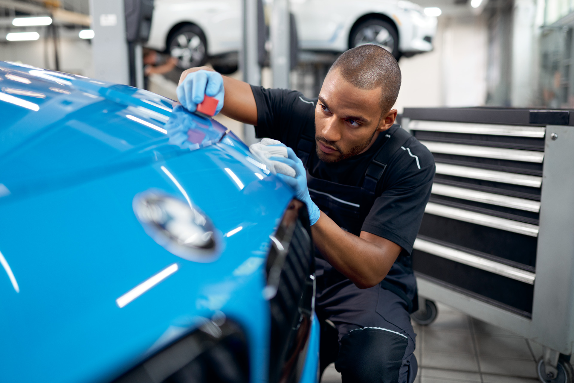 BMW body panel detail inspection during collision repair