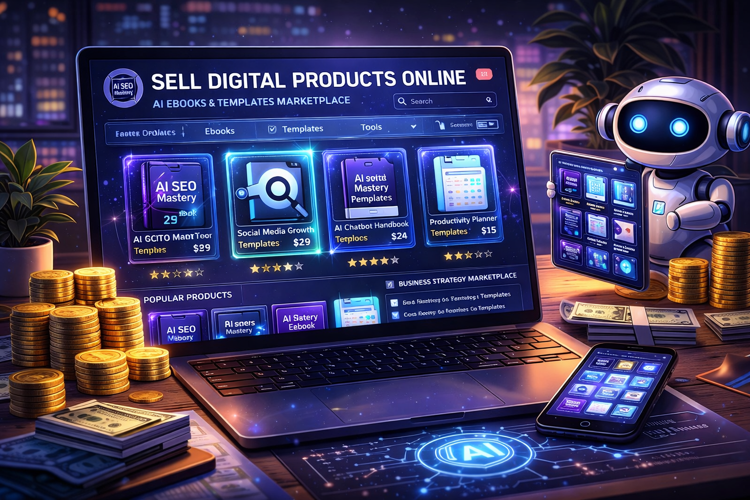 Digital marketplace interface showing AI ebooks, templates, and planners for sale