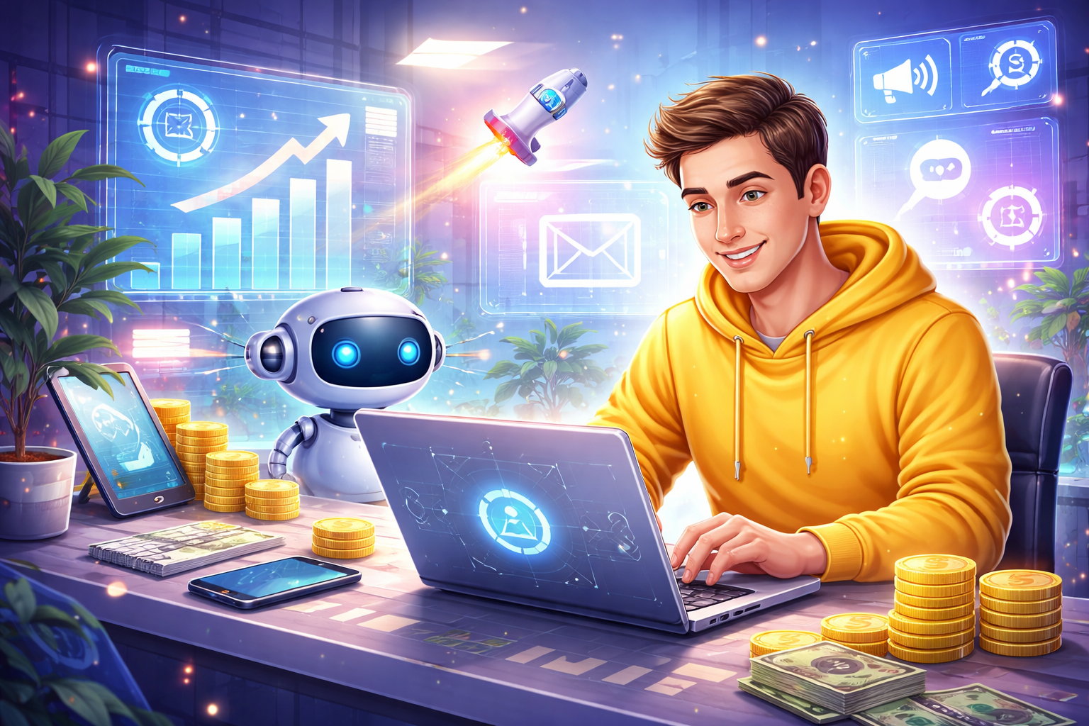 Person working with AI tools on laptop, earning money online concept