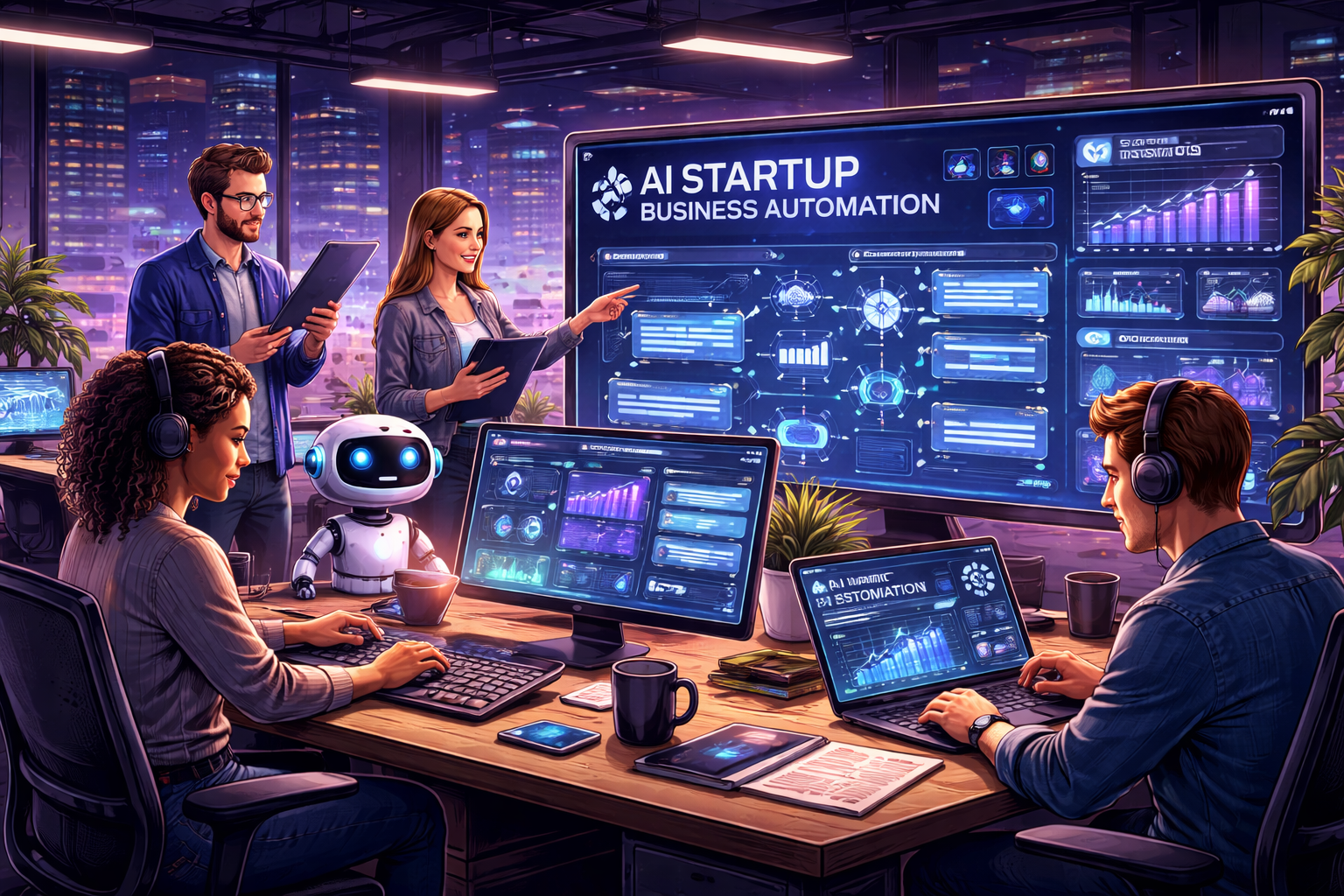 Futuristic office space with AI startup team collaborating on digital projects