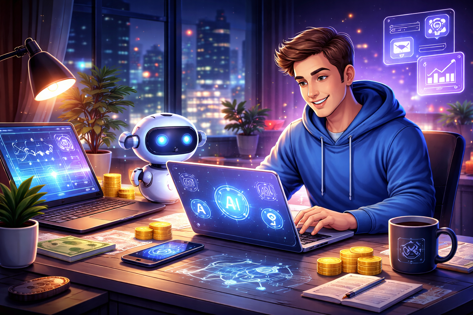 Freelancer working online with AI tools on laptop, earning money