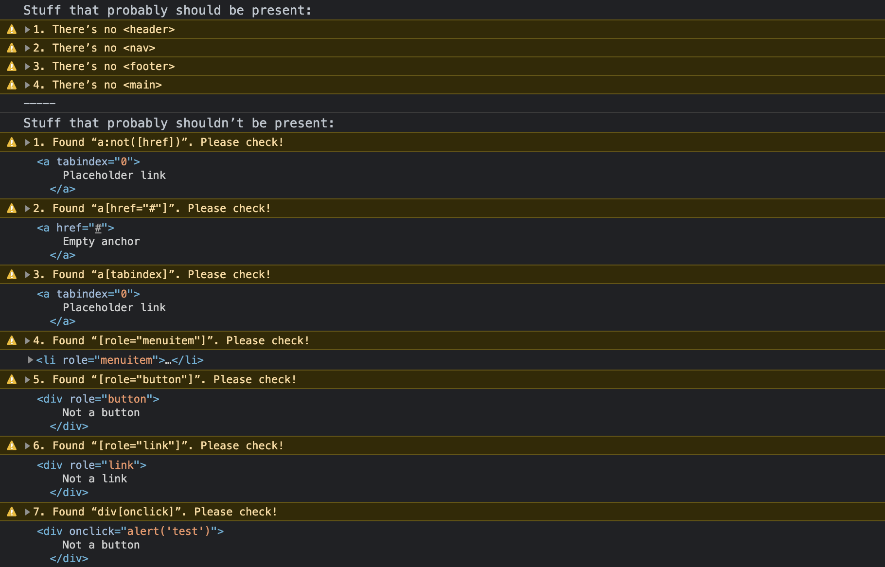 Demo output of the “Is x present?” script that lists a bunch of warning related to malformed HTML