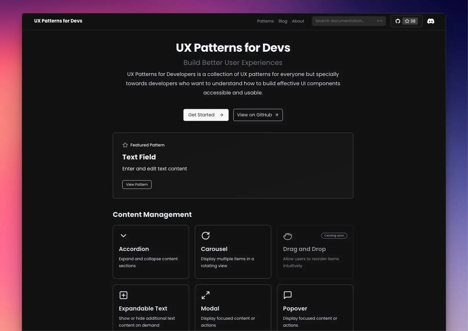 Screenshot of the homepage of UX Patterns for Devs