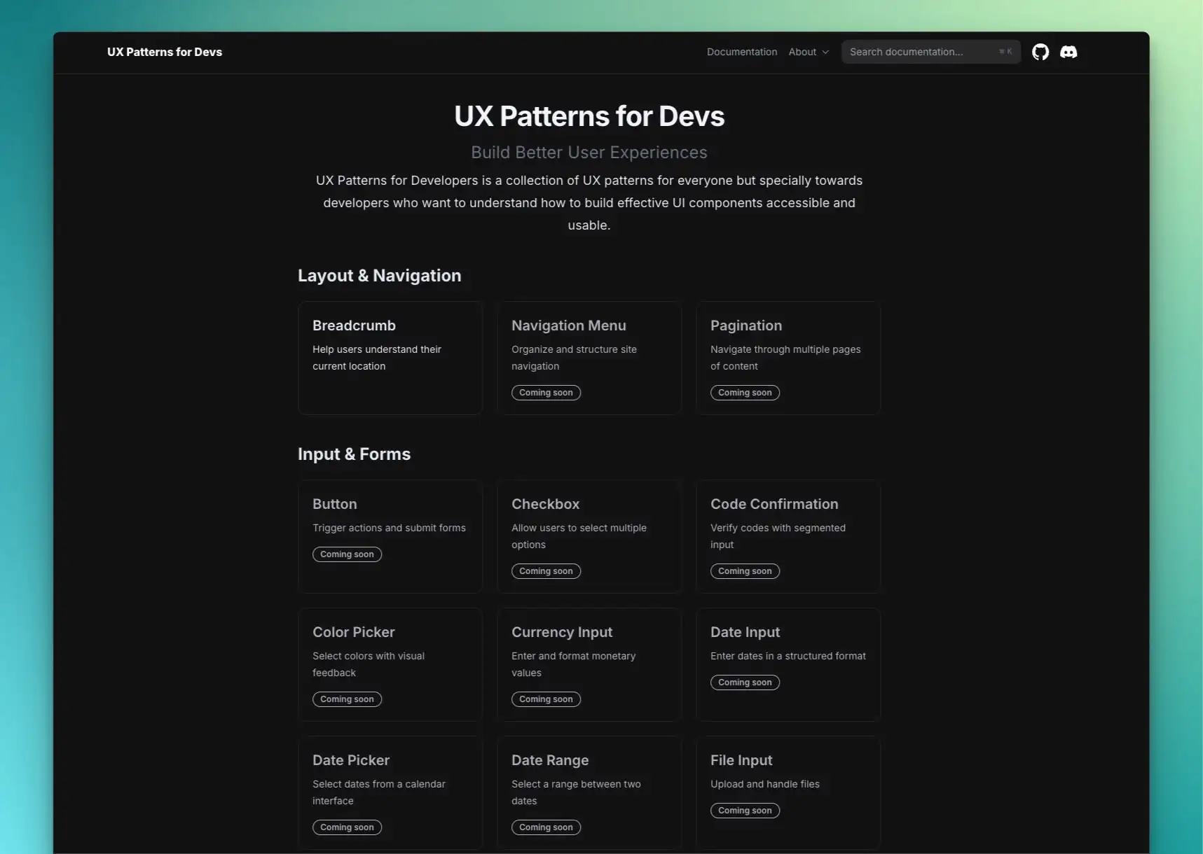 Screenshot of the homepage ofUX Patterns for Devs