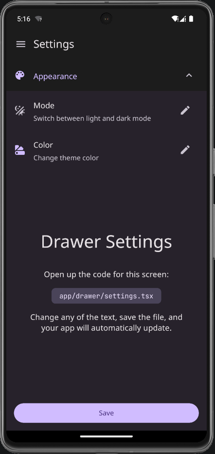 Drawer Settings Screen Dark