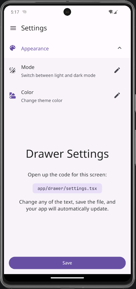 Drawer Settings Screen Light