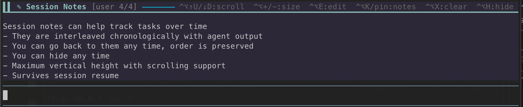 Session Notes persistent panel above the editor