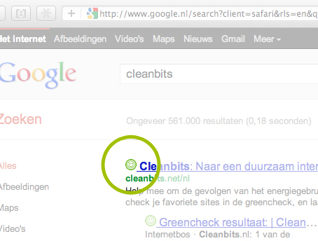 Search engine results, showing green hosted sites with a smiley face. 