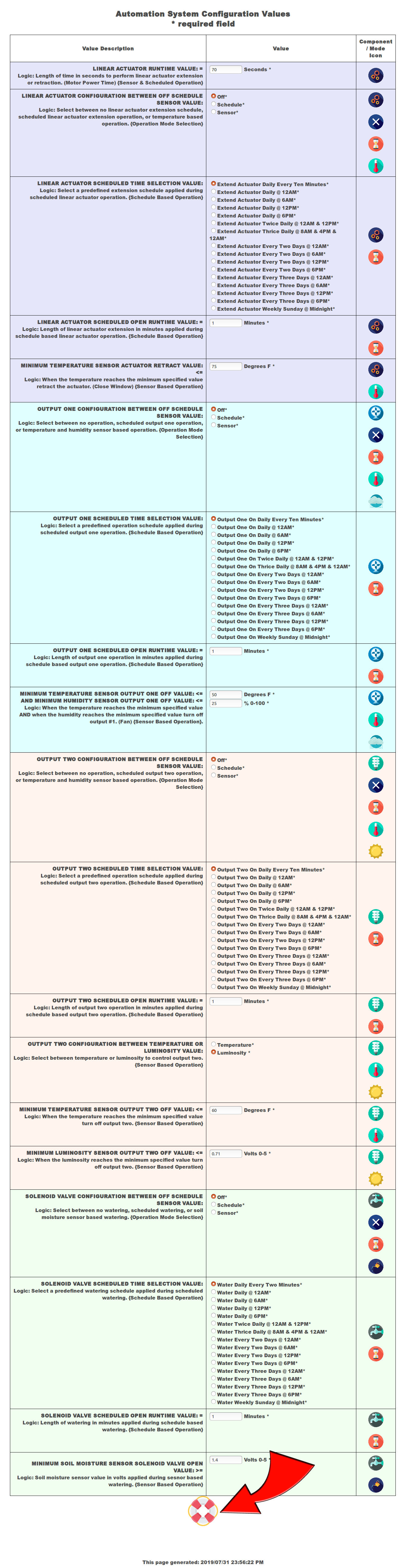 Greenhouse Web Interface Configuration Screenshot